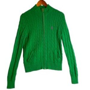 RALPH LAUREN SPORT WOMENS VTG Y2K CABLE KNIT KELLY GREEN ZIP UP SWEATER SIZE L